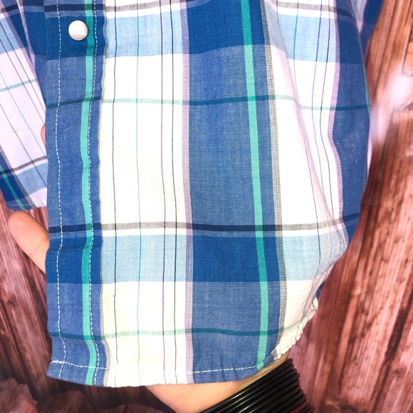 Vintage Rock Creek Ranch Blue Plaid Button Up Short Sleeve Collared Shirt - Picture 6 of 7